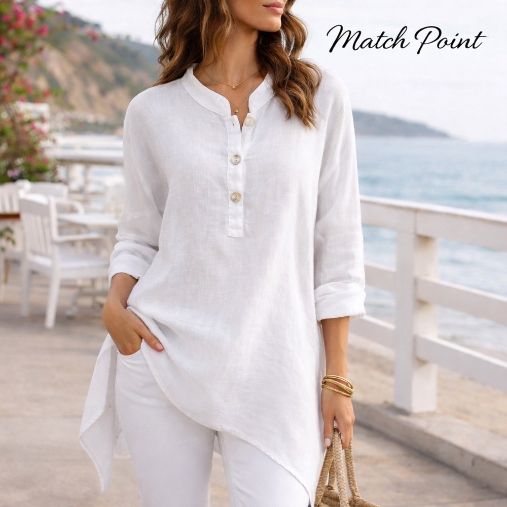 Match Point 100% Linen Tunic Top White Handkerchief Hem Henley Boho, EUC, Size L
